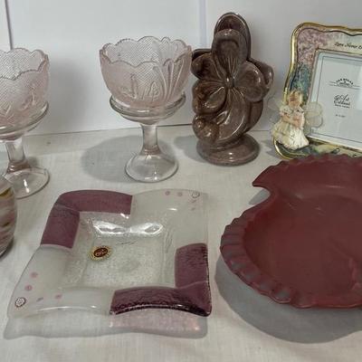 Pink Depression Glass Bowls, Murano Trinket Dish, Angel Frame