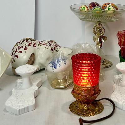 Vintage Porcelain harlequin, Vintage Red/brass Lamp