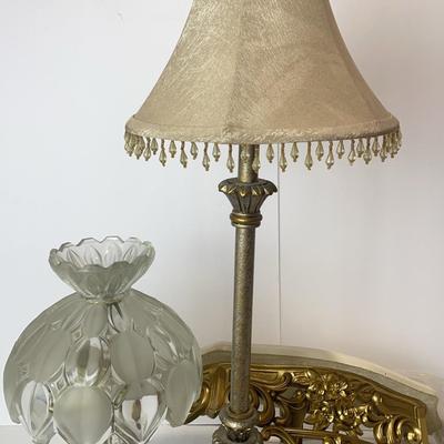 Bohemian Glass Crystal Lamp, Vintage Bell Shade Lamp with Gold Beads, Ornate Wall Shelf