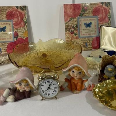 Vintage Homco Figurines  With Vintage Fenton Amber 3 Footed Bowl