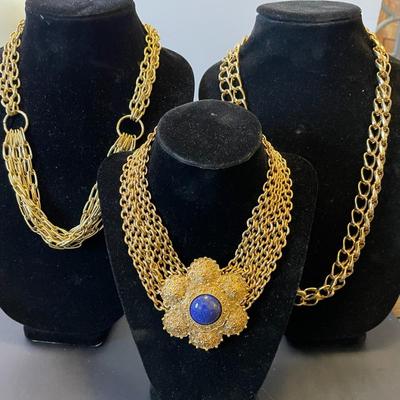 3 Gold Tone Costume Jewelry Necklaces 
