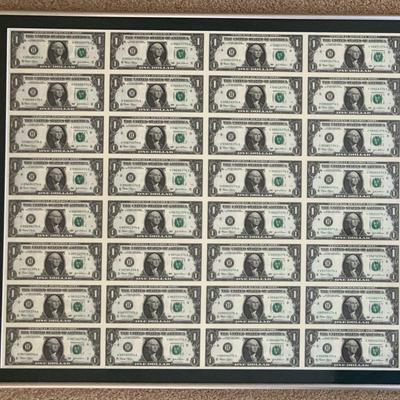 Framed Uncut Sheet of 32 $1 Bills (2003 Series)