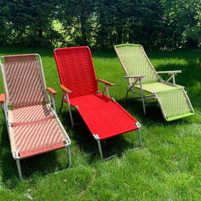 Nice selection of folding lawn chairs - plastic webbing replaced with macrame