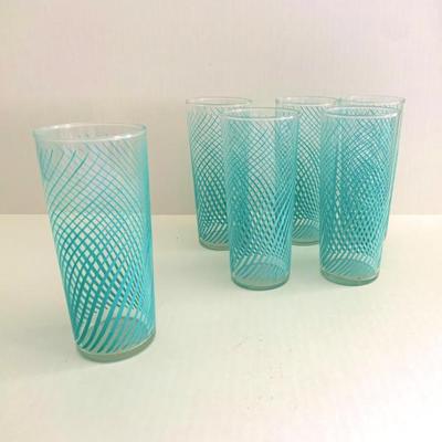6 Vtg. Libbey Teal Swirl tumblers
