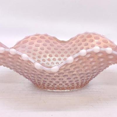 Duncan Miller 12” pink opalescent hobnail bowl