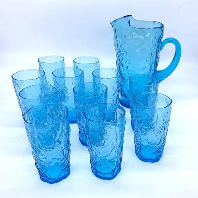 Vtg. Seneca Glass Driftwood Peacock Blue pitcher w/11 tumblers