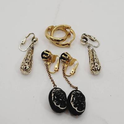 3pc Clip Earrings Hoop Filigree And Faux Intaglio