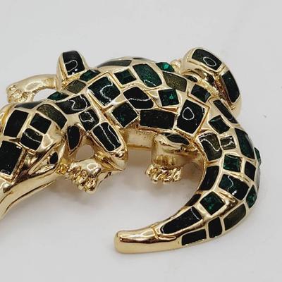 St John Enamel Alligator Pin Green And Gold Tone