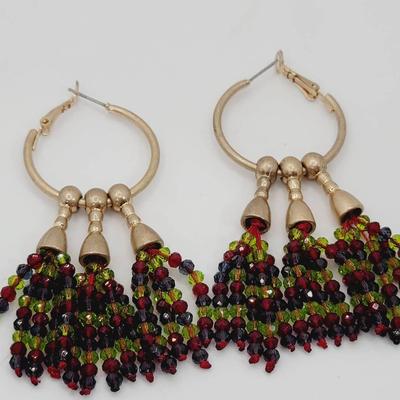 Beaded Tassel Drop Earrings Gold Tone Purple Red Green