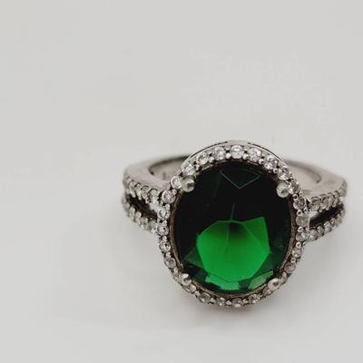 Sterling Green Clear Stone Ring Sz 6.5 925