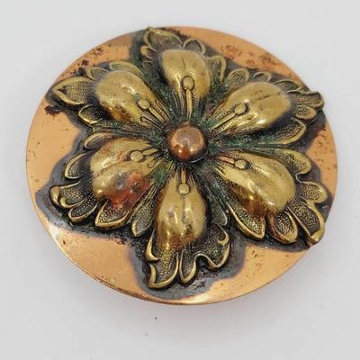 Copper And Brass Raised Floral Brooch Vintage Jewelry 