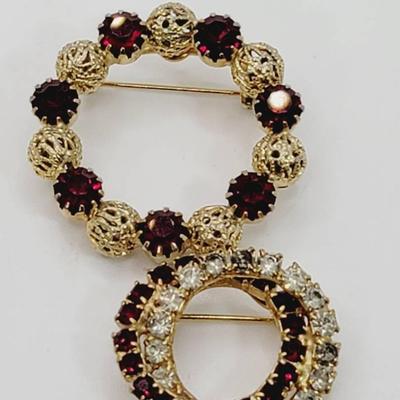 Goldtone Red And Clear Rhinestone Wreath Pins