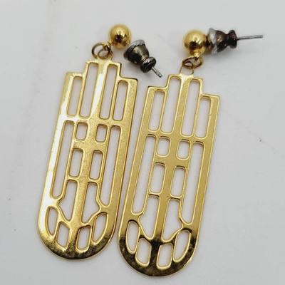Art Deco Gold Tone Architectural Or Window Pane Earrings