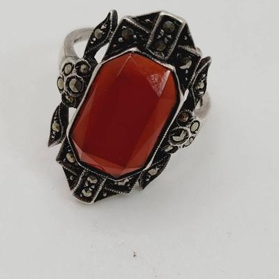 Sterling Silver Deco Carnelian Marcasite Ring Sz 5