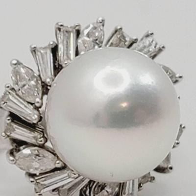12.7 Mm Pearl Ring Platinum Diamond Baguette And Round Halo Sz 5