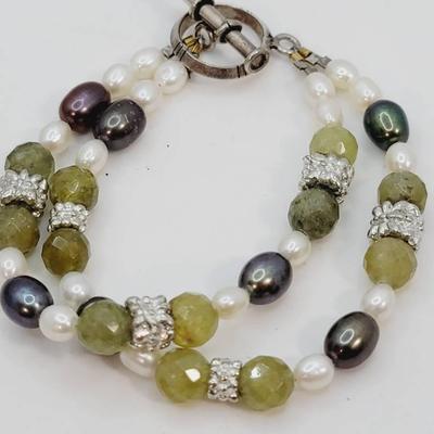 Mixed Gem Sterling Real Pearl 2 Strand Bracelet 