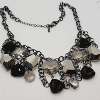 Gorgeous Black Silvertone Gunmetal Industrial Sparkle Bib Necklace 