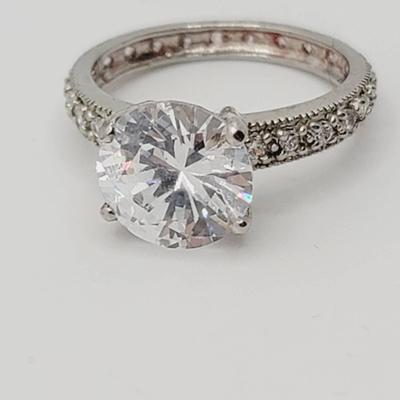 Large Solitaire Faux Diamond Silvertone Vacation Engagement Ring Sz 7