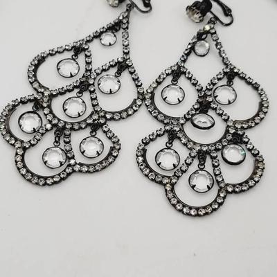 Stunning Black Back Dramatic Rhinestone Earrings Clip On
