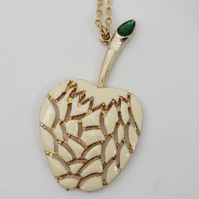 Cream and Green Enamel Fruit Apple Necklace Goldtone