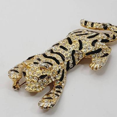 Rhinestone And Enamel Gold Tone Tiger Pin