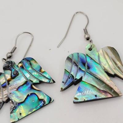 Carved Abalone Angel Or Bird Winged Figure Earrings