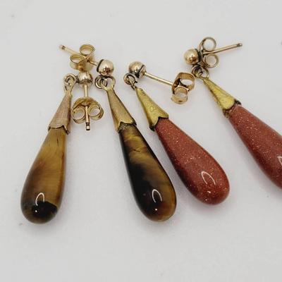 Tigers Eye And Goldstone Drop Earrings Vintage Jewelry 