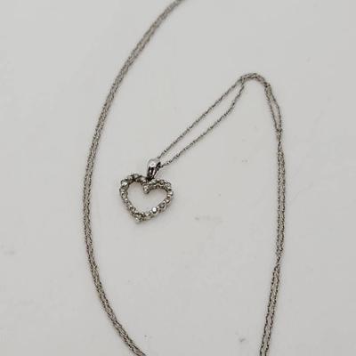 10k White Gold Heart Necklace Clear Stone