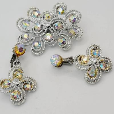 Aurora Borealis Silvertone Pin And Clip Earrings