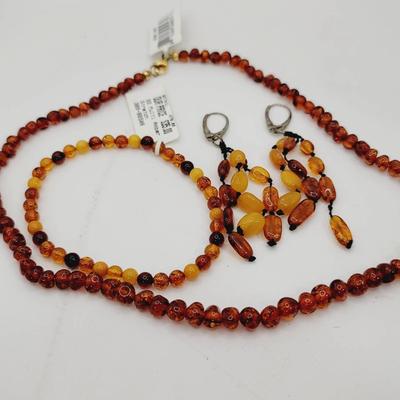 Amber And Sterling Nwt Necklace Bracelet Earrings 3pc