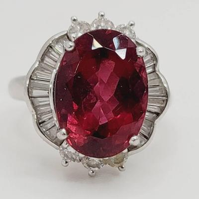 5.7 CT Pink Tourmaline And Diamond Platinum Ring Sz 5.5