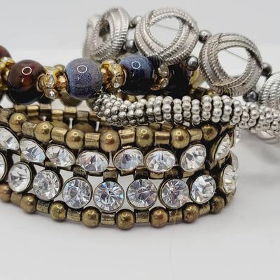 4pc Coordinating Stretch Bracelets Silver Brass Tone And Rhinestone 