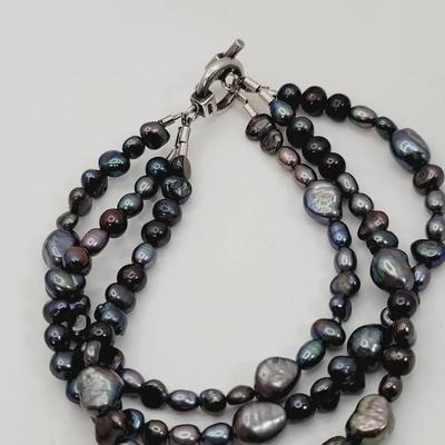 Sterling Real Pearl Peacock Hues 3 Strand Bracelet 