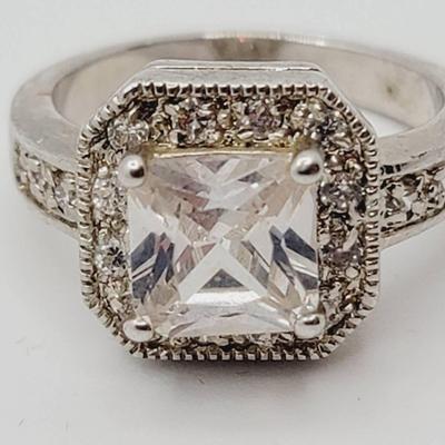 Clear Crystal Or Cz Silvertone Cocktail Or Going Out Engagement Ring Sz 8.5