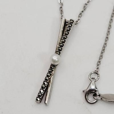 Signed Sterling Pearl X Pendant 925 Silver Necklace Marked