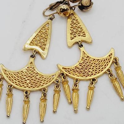 Vintage Tribal Style Chandelier Clip Earrings Gold Tone