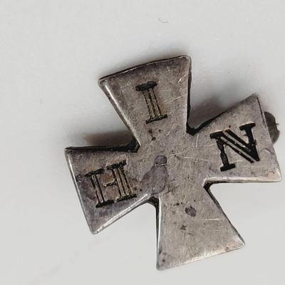 1886 In His Name Franternal Iron Cross Pin Sterling