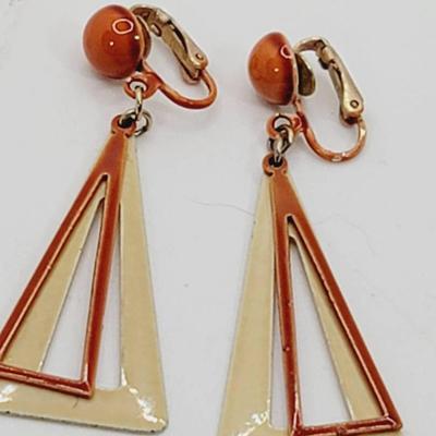 Vintage Enamel Sienna And Cream Clip Earrings 