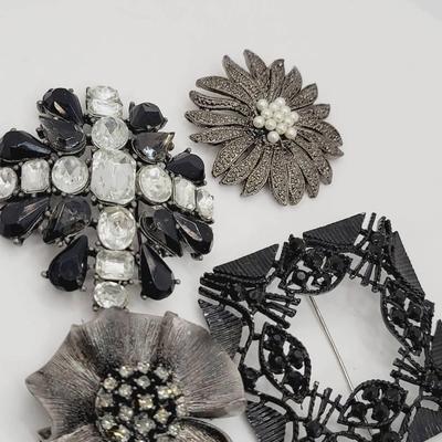Black And Gunmetal Rhinestone And Faux Pearl Pins Brooches