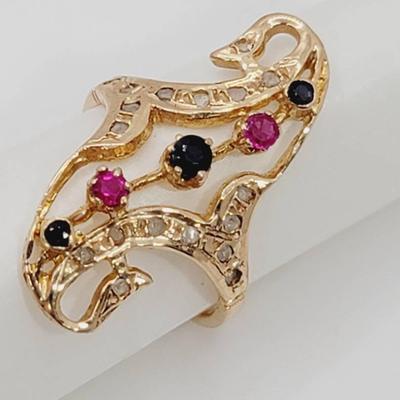 Diamond Ruby Sapphire Ring Yellow Gold Sz 7