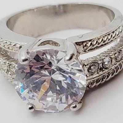 Large Faux Diamond Solitaire Sz 9 Cocktail Or Vacation Engagement Ring