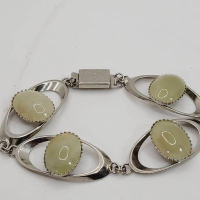 Natural Green Stone Mid Century Bracelet Silvertone 