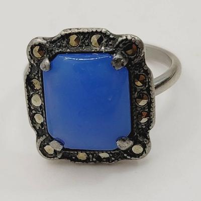 Marcasite Blue Glass Art Deco Vintage Ring Sz 6 Unmarked