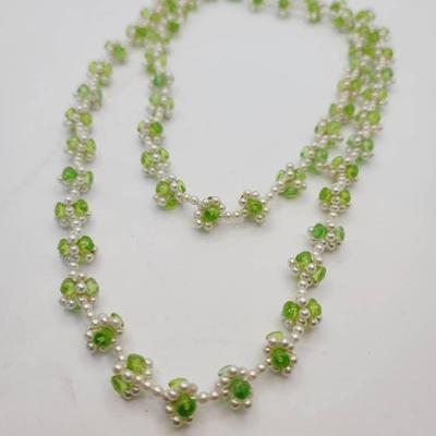 Vintage Green And Faux Pearl Bead Long Necklace