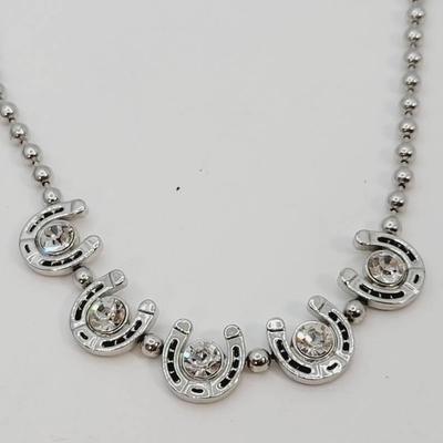 Lucky Horse Shoe Ball Chain Necklace Rhinestone Silvertone 