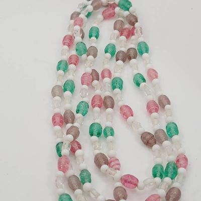 Vintage Art Glass Necklace Milk Green Pink Lavender Super Long