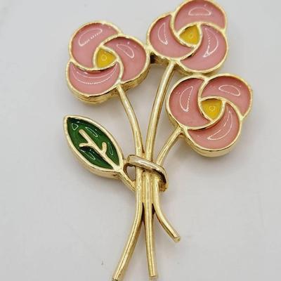Vintage Pink Green Enamel Rose Pin Brooch