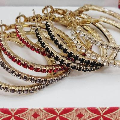 Classic Rhinestone Hoops Clear Grey Black Red Gold Tone