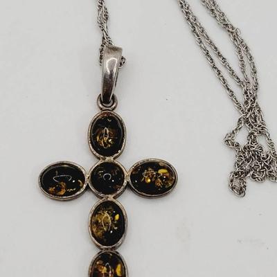 Sterling Amber Cross Pendant Necklace 