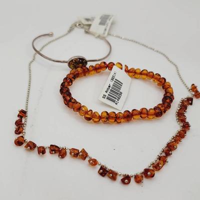 Sterling Amber 3pc Jewelry Necklace And 2 Bracelets